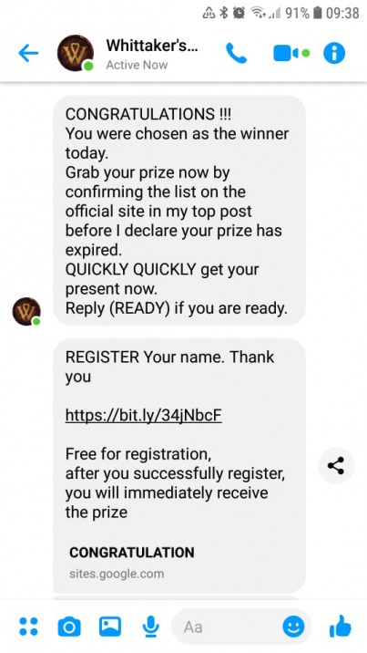 Example of Facebook Competition scam 2020