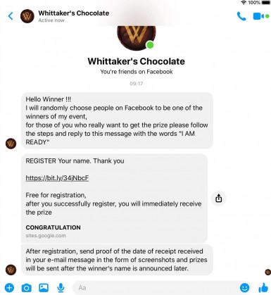 Example of Whittaker's Facebook scam winning message